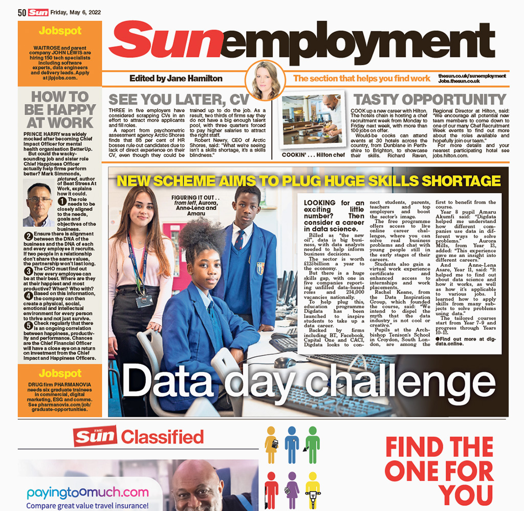 Digdata are delighted to see our latest press feature, this time in the Sun Employment section on Friday 6th May 2022